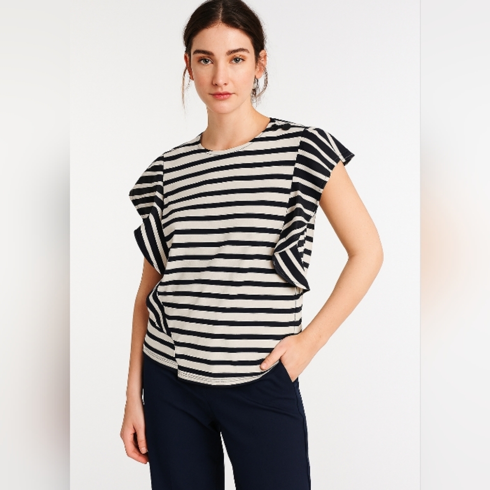 Derek Lam Floppy Ruffle Nautical Stripe Short Sleeve Top Navy White S/P